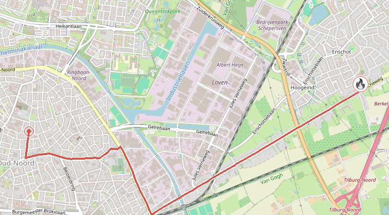 Kaart van de omgeving van de melding, met de kazerne die is gealarmeerd