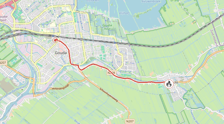 Kaart van de omgeving van de melding, met de kazerne die is gealarmeerd