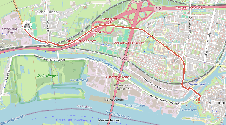 Kaart van de omgeving van de melding, met de kazerne die is gealarmeerd