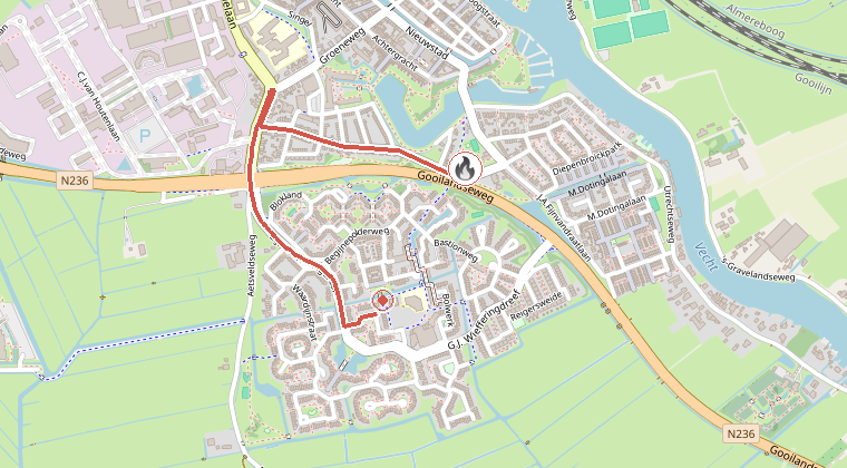 Kaart van de omgeving van de melding, met de kazerne die is gealarmeerd