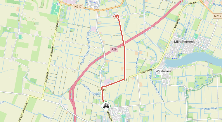 Kaart van de omgeving van de melding, met de kazerne die is gealarmeerd