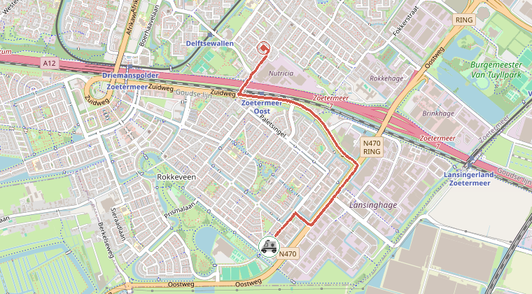 Kaart van de omgeving van de melding, met de kazerne die is gealarmeerd