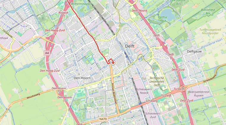 Kaart van de omgeving van de melding, met de kazerne die is gealarmeerd