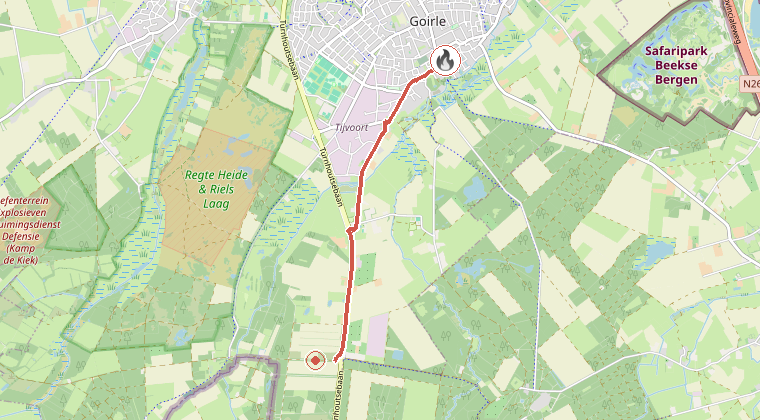 Kaart van de omgeving van de melding, met de kazerne die is gealarmeerd