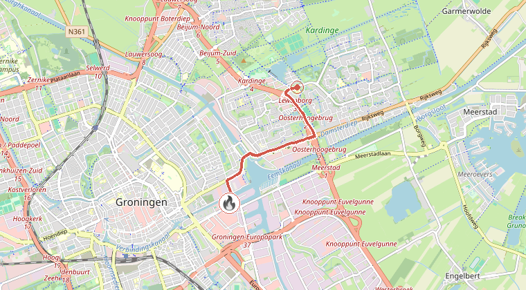 Kaart van de omgeving van de melding, met de kazerne die is gealarmeerd
