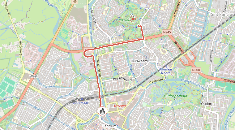 Kaart van de omgeving van de melding, met de kazerne die is gealarmeerd