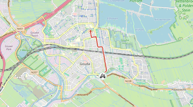 Kaart van de omgeving van de melding, met de kazerne die is gealarmeerd