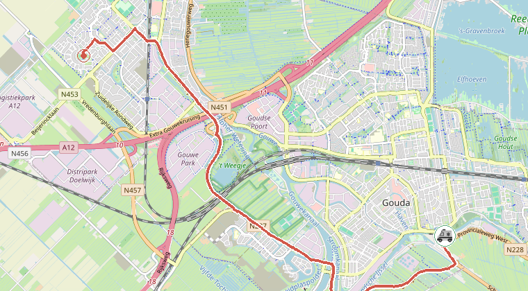 Kaart van de omgeving van de melding, met de kazerne die is gealarmeerd