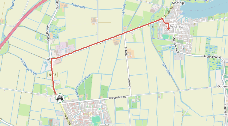 Kaart van de omgeving van de melding, met de kazerne die is gealarmeerd