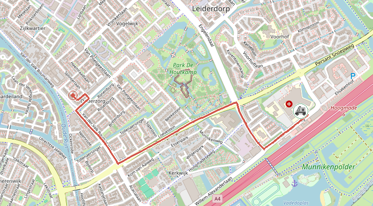 Kaart van de omgeving van de melding, met de kazerne die is gealarmeerd