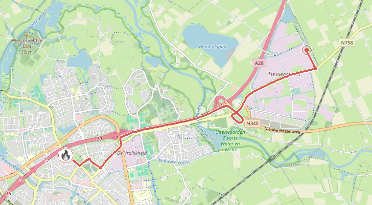 Kaart van de omgeving van de melding, met de kazerne die is gealarmeerd