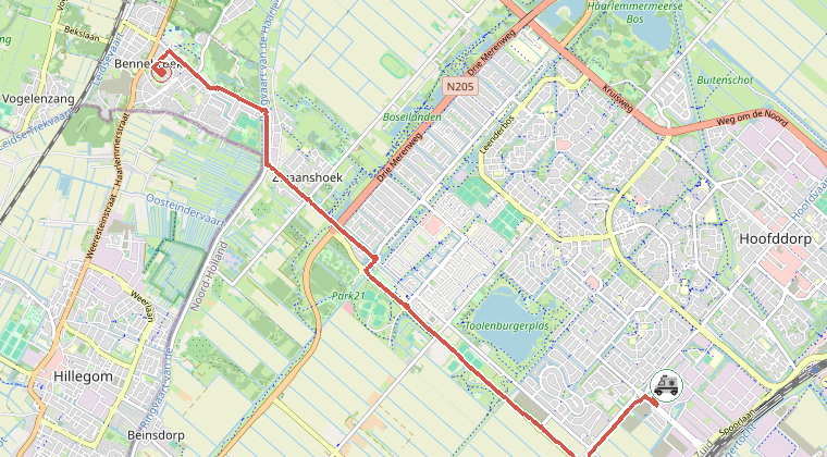 Kaart van de omgeving van de melding, met de kazerne die is gealarmeerd