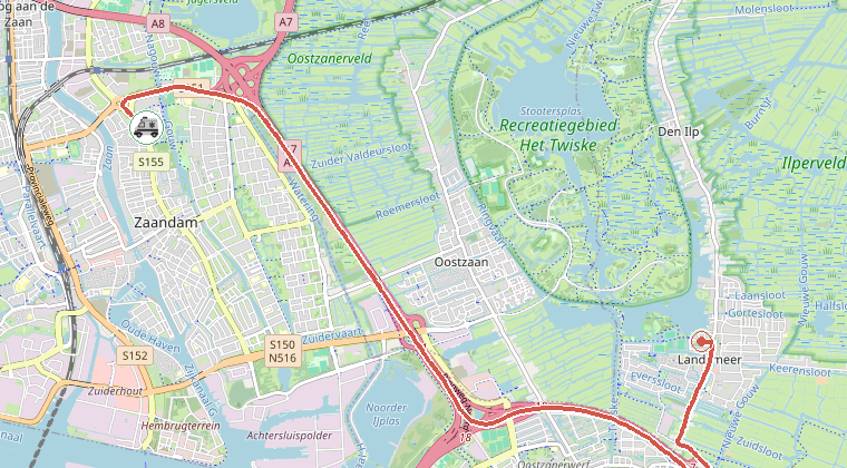 Kaart van de omgeving van de melding, met de kazerne die is gealarmeerd