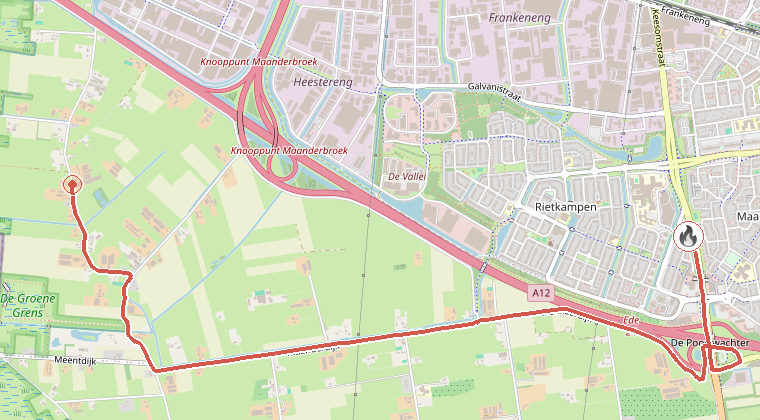 Kaart van de omgeving van de melding, met de kazerne die is gealarmeerd
