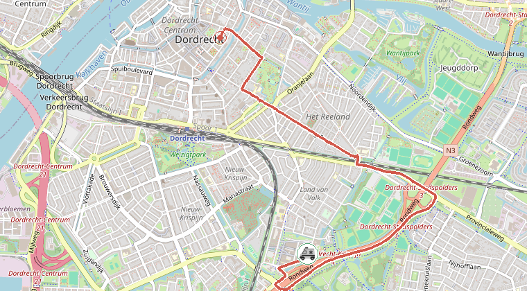 Kaart van de omgeving van de melding, met de kazerne die is gealarmeerd