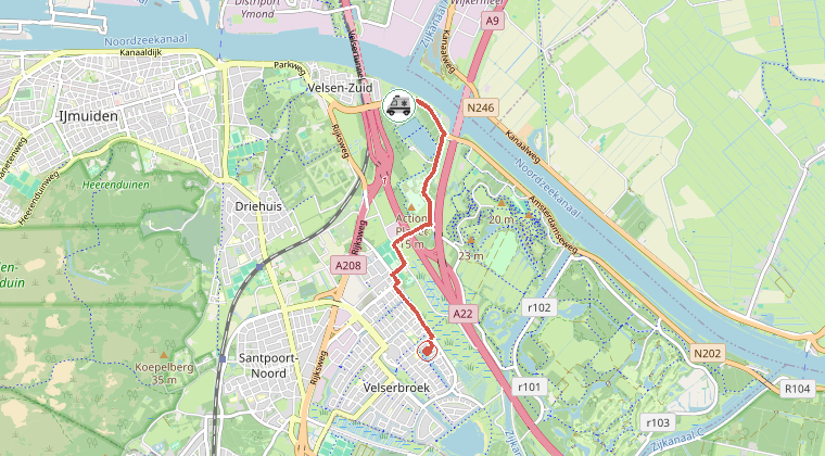 Kaart van de omgeving van de melding, met de kazerne die is gealarmeerd