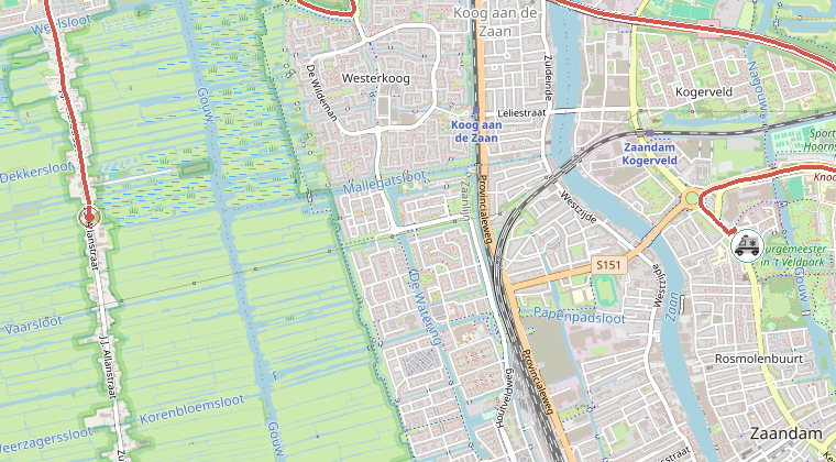 Kaart van de omgeving van de melding, met de kazerne die is gealarmeerd