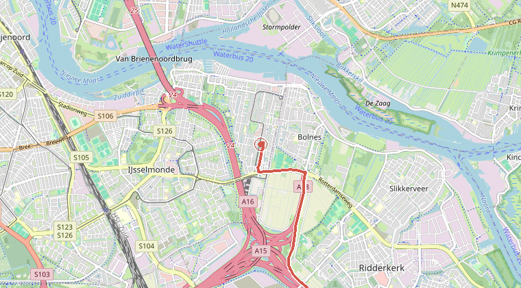 Kaart van de omgeving van de melding, met de kazerne die is gealarmeerd