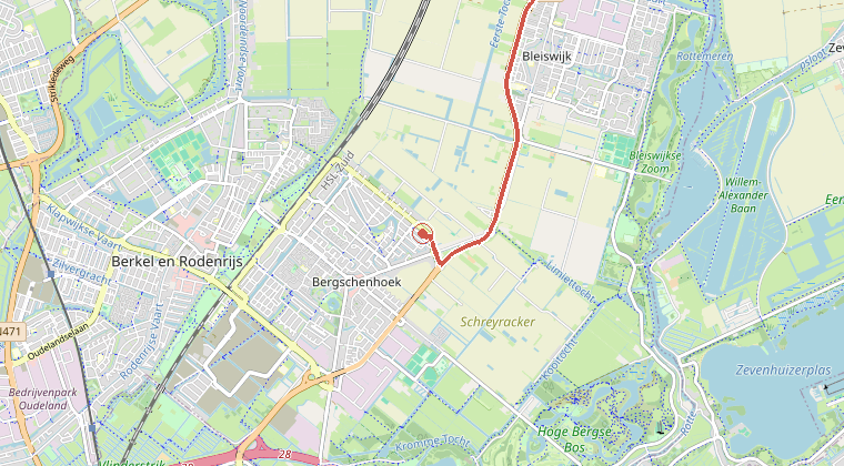 Kaart van de omgeving van de melding, met de kazerne die is gealarmeerd