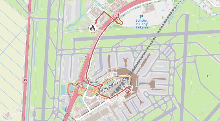 Kaart van de omgeving van de melding, met de kazerne die is gealarmeerd