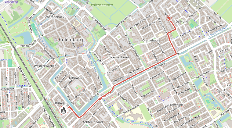 Kaart van de omgeving van de melding, met de kazerne die is gealarmeerd