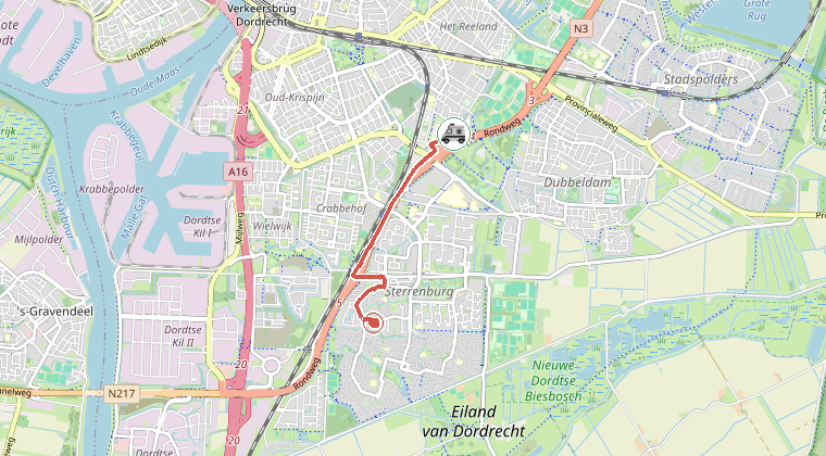 Kaart van de omgeving van de melding, met de kazerne die is gealarmeerd