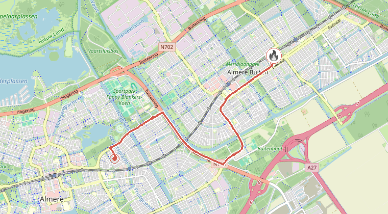 Kaart van de omgeving van de melding, met de kazerne die is gealarmeerd