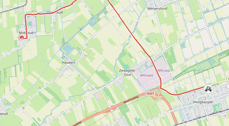 Kaart van de omgeving van de melding, met de kazerne die is gealarmeerd