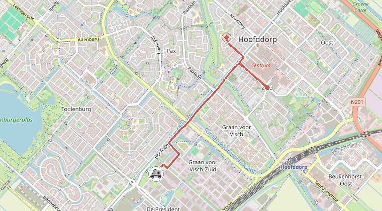 Kaart van de omgeving van de melding, met de kazerne die is gealarmeerd