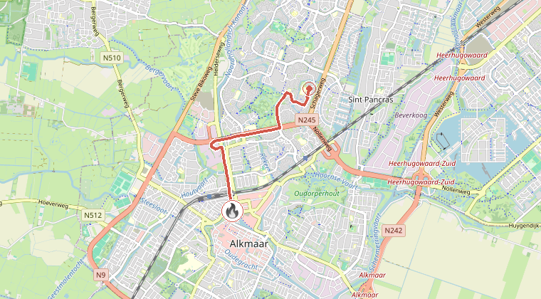 Kaart van de omgeving van de melding, met de kazerne die is gealarmeerd