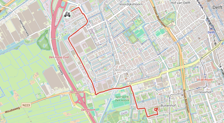 Kaart van de omgeving van de melding, met de kazerne die is gealarmeerd
