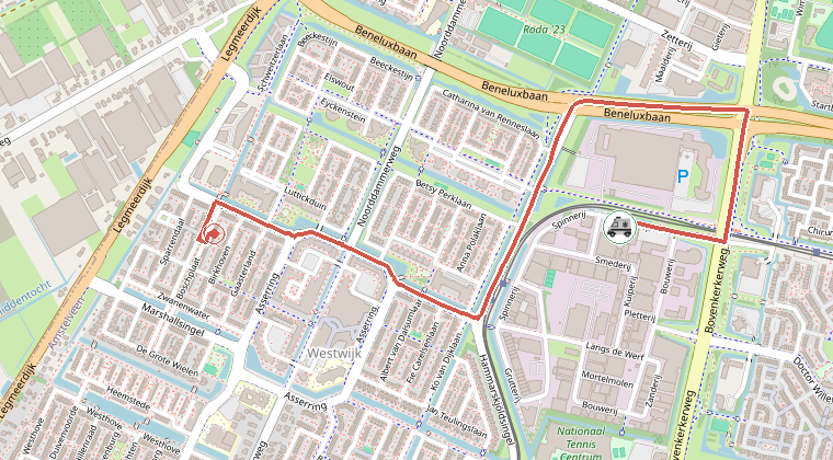 Kaart van de omgeving van de melding, met de kazerne die is gealarmeerd