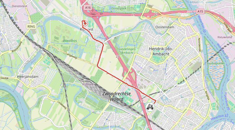 Kaart van de omgeving van de melding, met de kazerne die is gealarmeerd