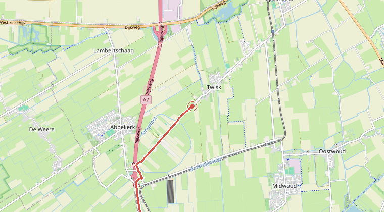 Kaart van de omgeving van de melding, met de kazerne die is gealarmeerd