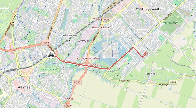 Kaart van de omgeving van de melding, met de kazerne die is gealarmeerd