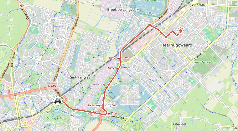 Kaart van de omgeving van de melding, met de kazerne die is gealarmeerd