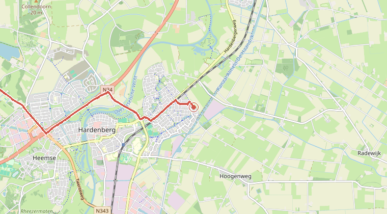 Kaart van de omgeving van de melding, met de kazerne die is gealarmeerd