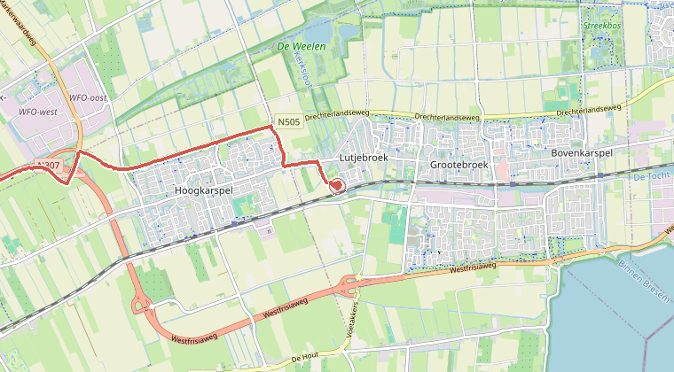 Kaart van de omgeving van de melding, met de kazerne die is gealarmeerd