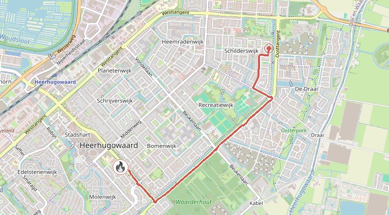 Kaart van de omgeving van de melding, met de kazerne die is gealarmeerd