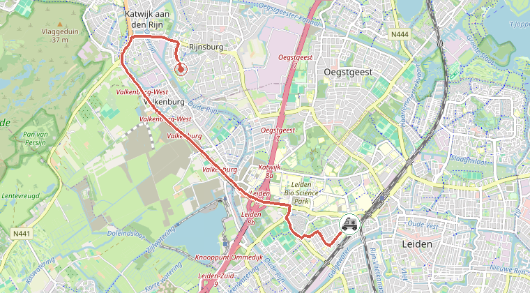 Kaart van de omgeving van de melding, met de kazerne die is gealarmeerd