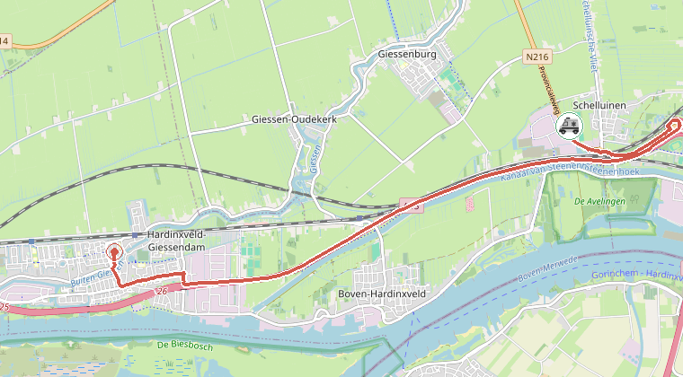 Kaart van de omgeving van de melding, met de kazerne die is gealarmeerd