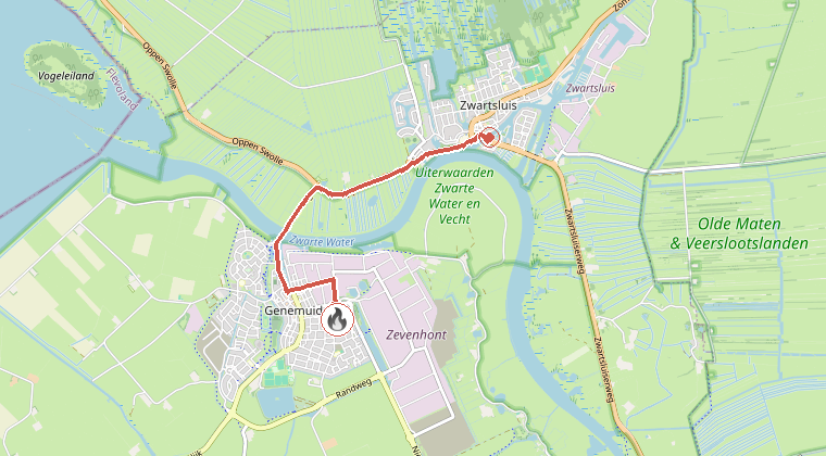 Kaart van de omgeving van de melding, met de kazerne die is gealarmeerd