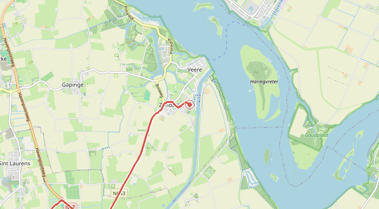 Kaart van de omgeving van de melding, met de kazerne die is gealarmeerd