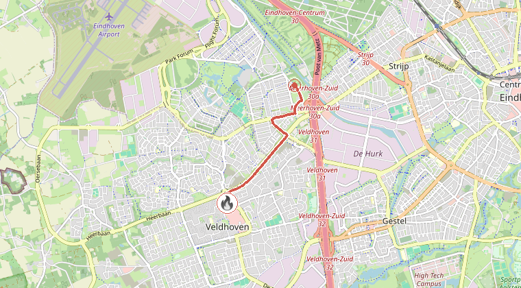 Kaart van de omgeving van de melding, met de kazerne die is gealarmeerd