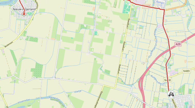 Kaart van de omgeving van de melding, met de kazerne die is gealarmeerd