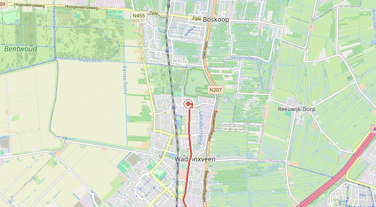 Kaart van de omgeving van de melding, met de kazerne die is gealarmeerd