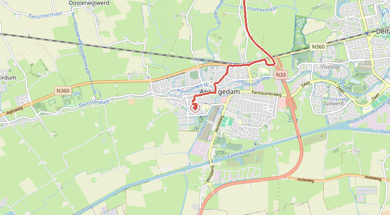 Kaart van de omgeving van de melding, met de kazerne die is gealarmeerd
