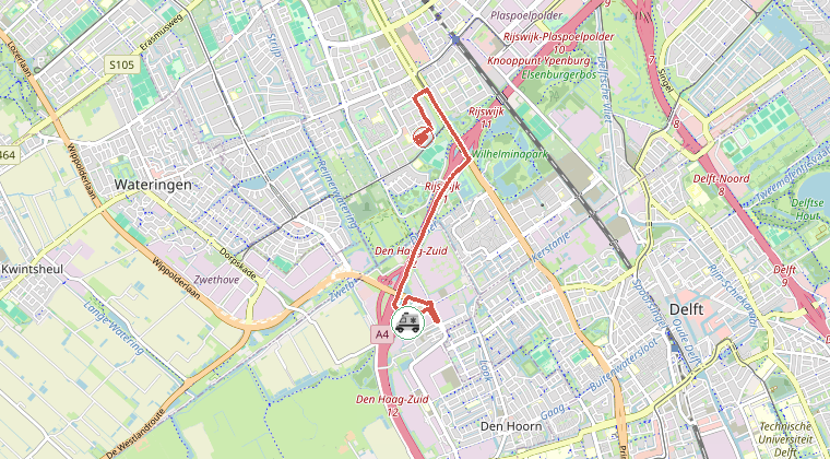 Kaart van de omgeving van de melding, met de kazerne die is gealarmeerd
