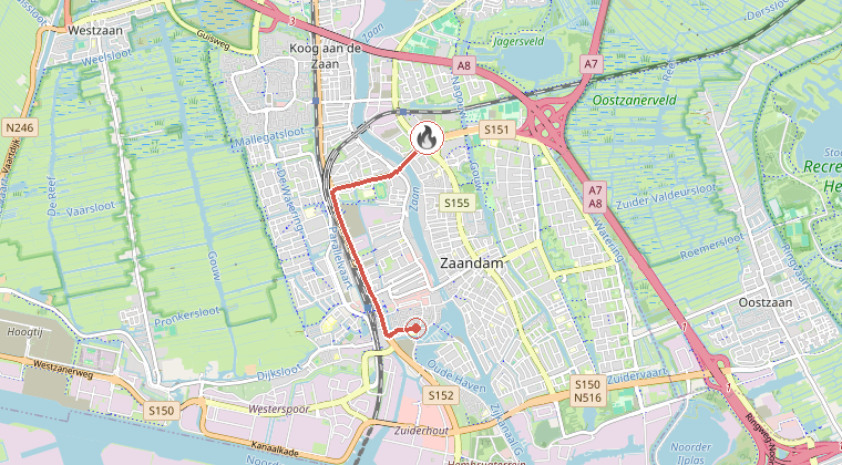 Kaart van de omgeving van de melding, met de kazerne die is gealarmeerd
