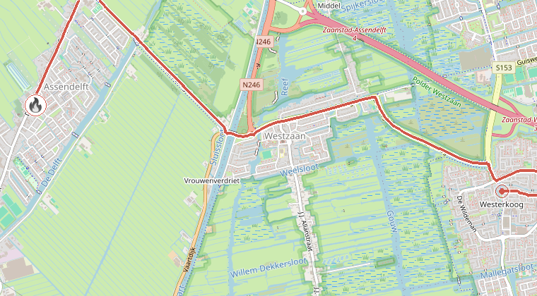 Kaart van de omgeving van de melding, met de kazerne die is gealarmeerd